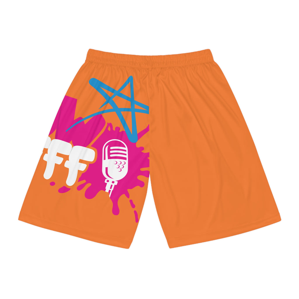 Basketball Shorts - Bright Orange AOP with Music Mic & 'Show Off' Graphic