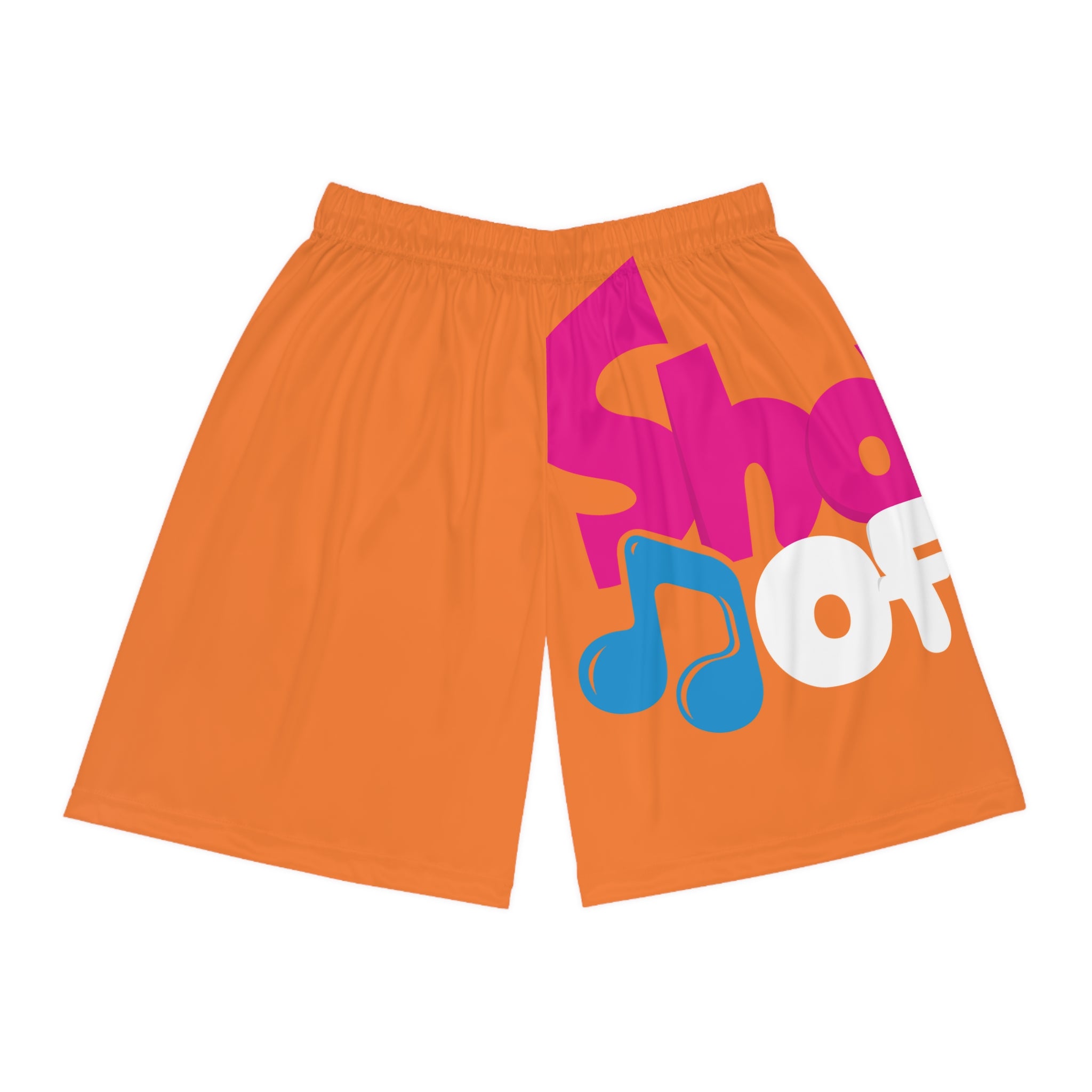 Basketball Shorts - Bright Orange AOP with Music Mic & 'Show Off' Graphic