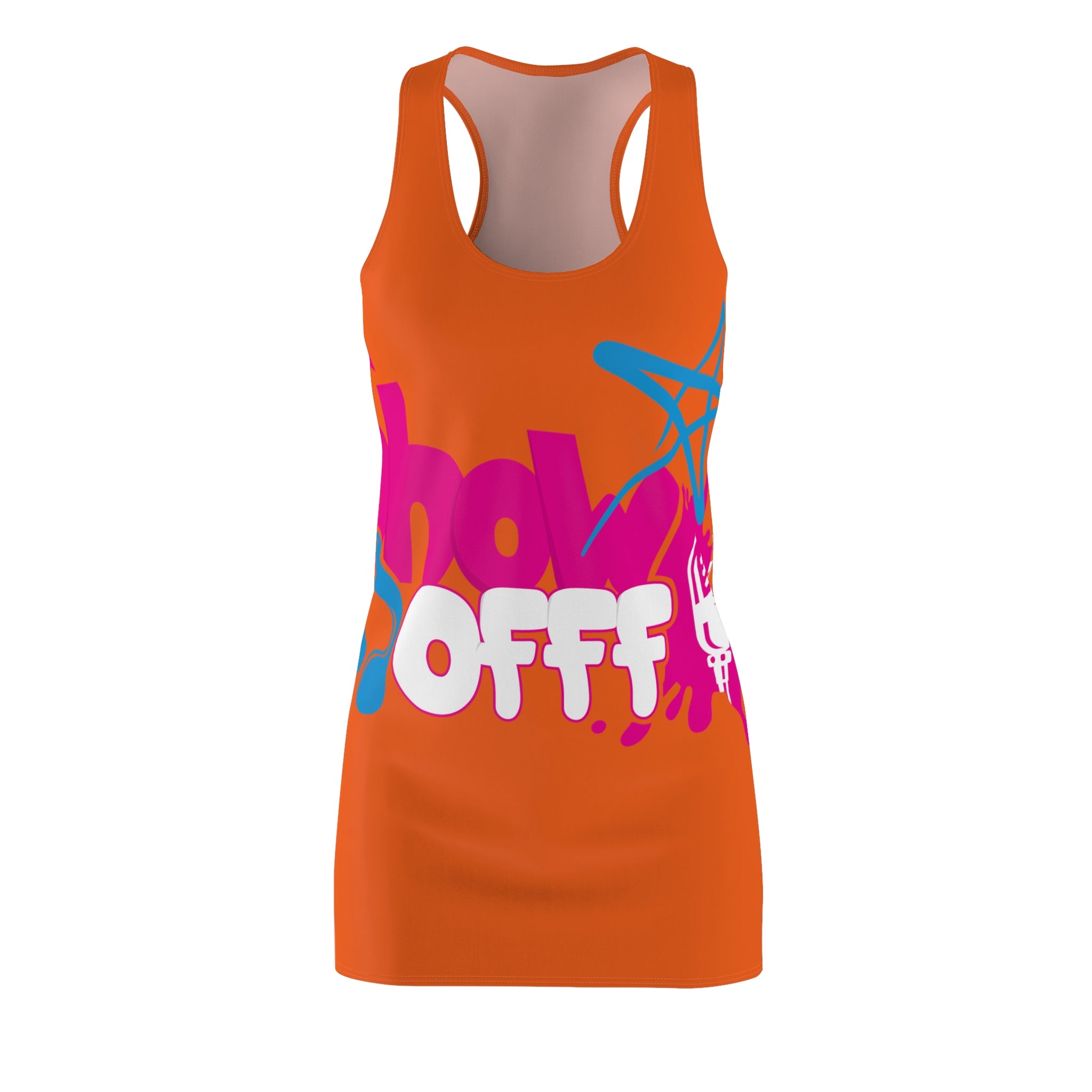 Racerback Dress — Bold Orange 'Knock Offf' Graffiti Print