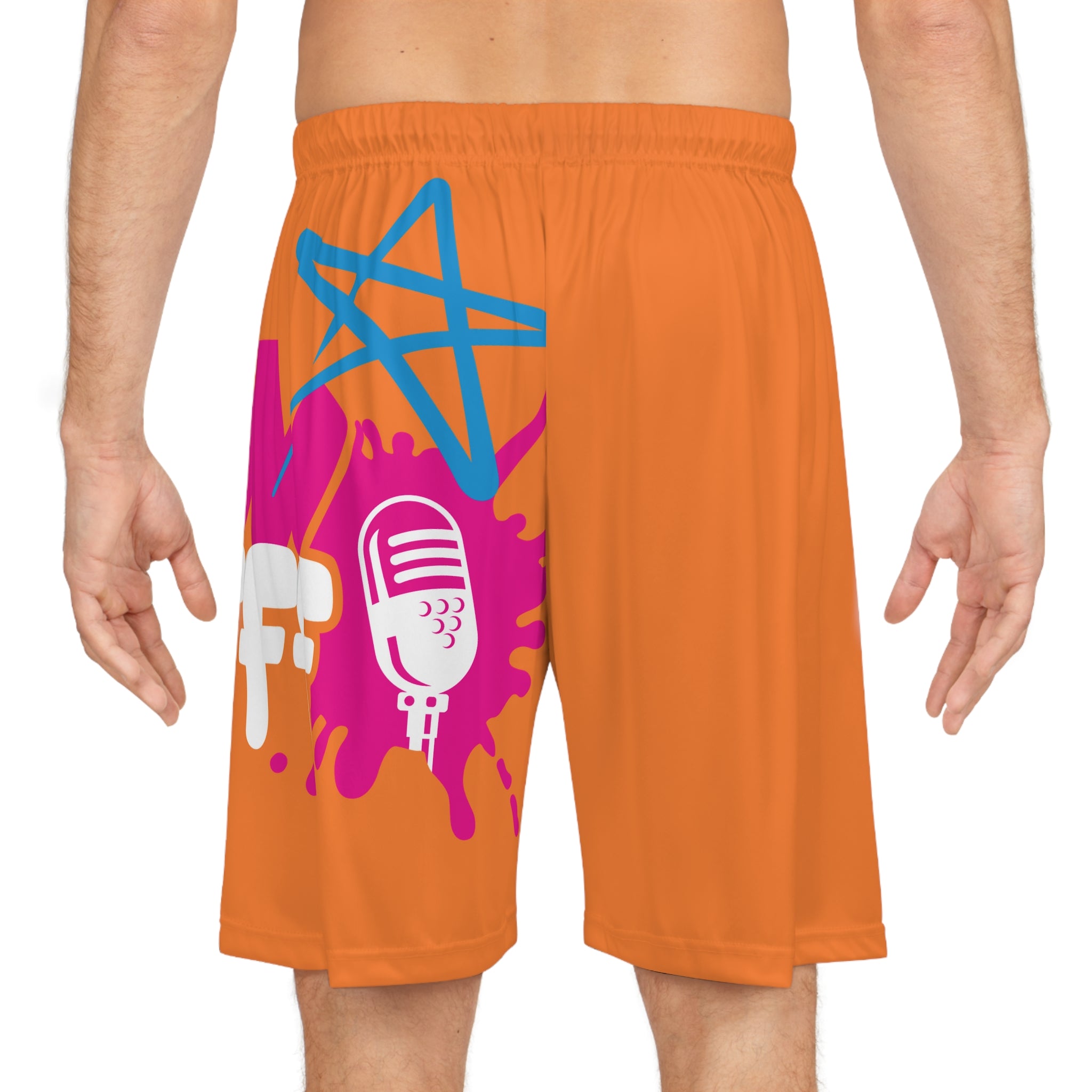 Basketball Shorts - Bright Orange AOP with Music Mic & 'Show Off' Graphic