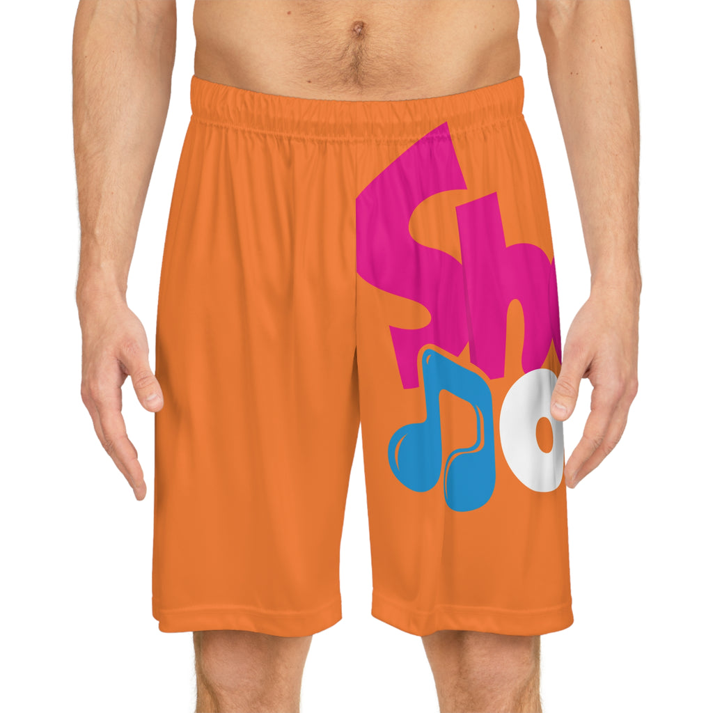 Basketball Shorts - Bright Orange AOP with Music Mic & 'Show Off' Graphic